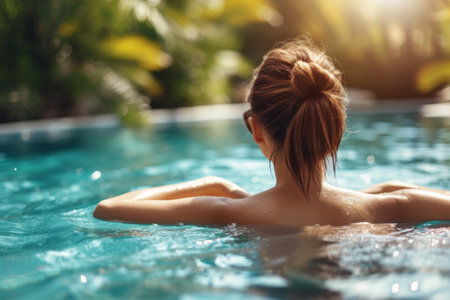 a picturesque scene of a young woman lounging in a pool.の素材
