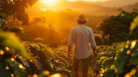 A Gentleman Wearing a Hat Taking a Walk Through a Coffee Field During Sunrise.の素材