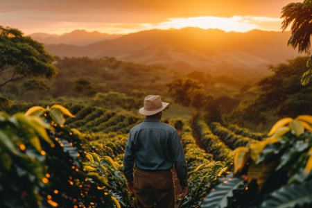 A Gentleman Wearing a Hat Taking a Walk Through a Coffee Field During Sunrise.の素材