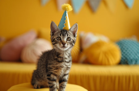 a kitten wearing a party hat on a yellow surface.の素材
