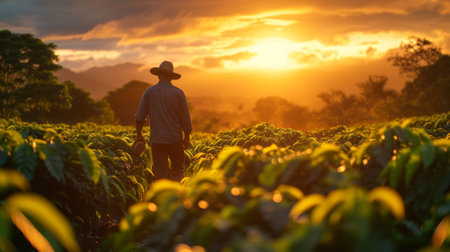 A Gentleman Wearing a Hat Taking a Walk Through a Coffee Field During Sunrise.の素材