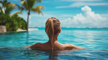 a picturesque scene of a young woman lounging in a pool.の素材