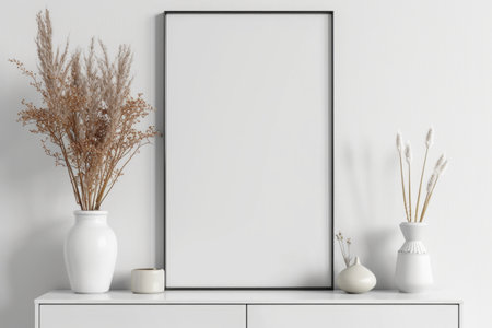 a white cabinet hangs below a blank poster frame.の素材