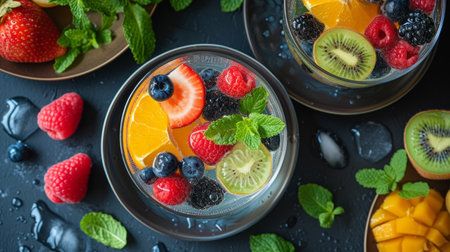 A snapshot of a table set with refreshing infused water, fresh fruits,.の素材