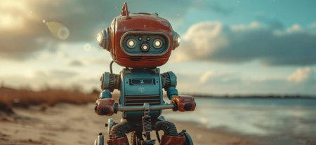 a tiny metal robot riding a toy bike in autumn.の素材