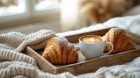 A Wooden Tray with Coffee and Croissants for Breakfast in Bed.の素材
