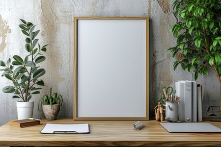 an empty frame hanging on a wooden top desk.の素材