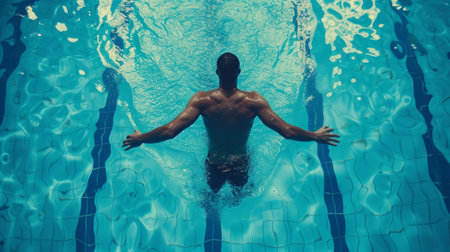 An athlete swimmer is preparing to jump into a blue pool.の素材