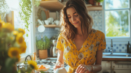 A young beautiful woman in a red floral dress prepares tea with mint leaves in her bright modern kitchen.の素材