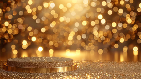Beautiful golden background with light podium for jewelry advertising.の素材