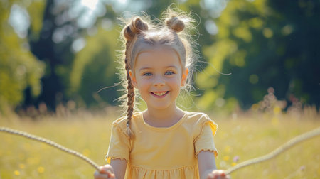 Beautiful little girl jumping rope in a summer park and laughing and looking at the camera.の素材