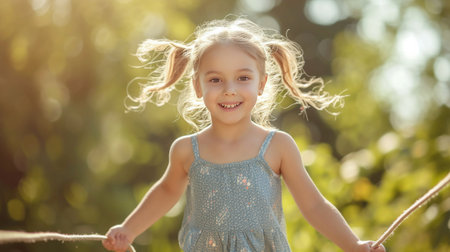 Beautiful little girl jumping rope in a summer park and laughing and looking at the camera.の素材