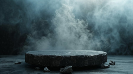 black stone podium on a dark background with smoke.の素材