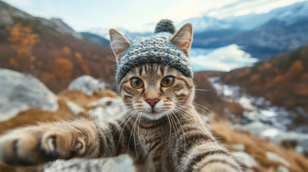 cat in knitted hat takes a selfie against the background of mountains.の素材