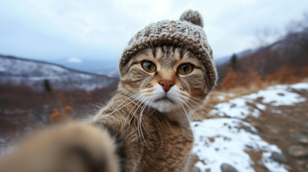 cat in knitted hat takes a selfie against the background of mountains.の素材