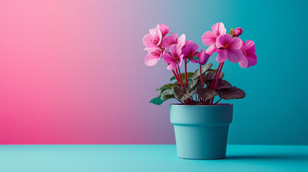 cyclamen flower in pot on minimalist vivid background, large copyspace area.の素材