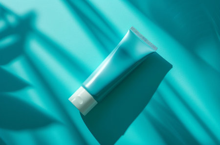 cosmetic tube on a blue surface.の素材