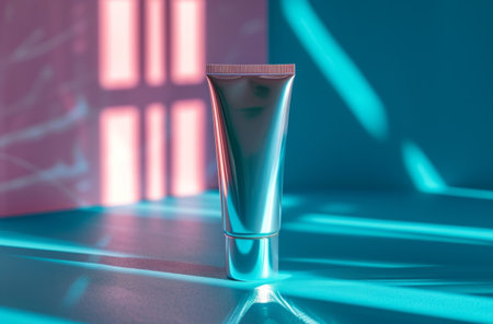 cosmetic tube on a blue surface.の素材