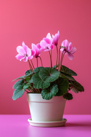 cyclamen flower in pot on minimalist vivid background, large copyspace area.の素材