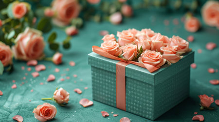 Luxury Gift Box with Roses on a Green Background.の素材