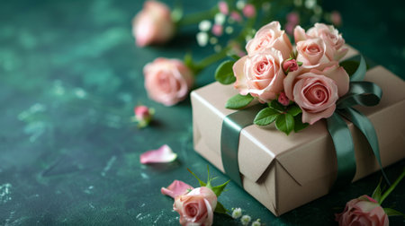 Luxury Gift Box with Roses on a Green Background.の素材