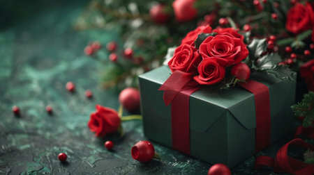 Luxury Gift Box with Roses on a Green Background.の素材