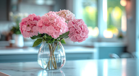 glass vases with pink flowers sitting on a kitchen island.の素材
