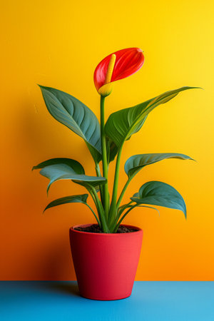 flower in pot on minimalist vivid background, large copyspace area.の素材