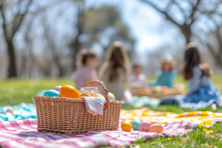 Friends or family enjoying an Easter picnic in a scenic outdoor setting.の素材