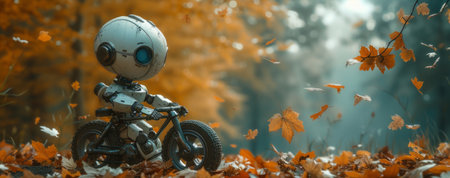 robot on bike sitting in the forest with fall leaves.の素材