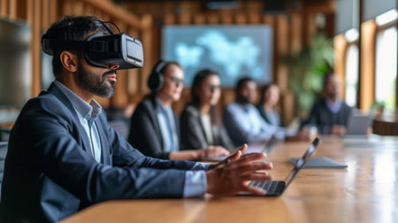 A visionary CEO leads a virtual meeting through VR technology.の素材
