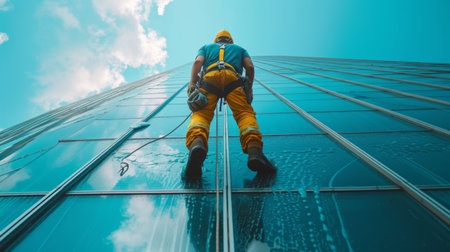 Young man cleaning a window on a skyscraper.の素材
