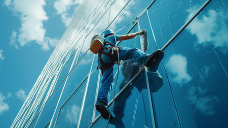 Young man cleaning a window on a skyscraper.の素材