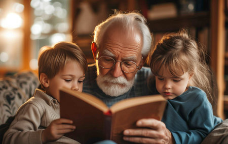 a grandfather reads to his children.の素材