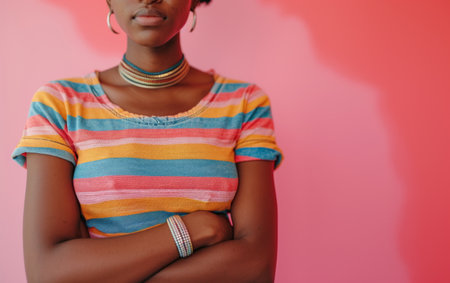 a black girl is standing with her arms crossed.の素材