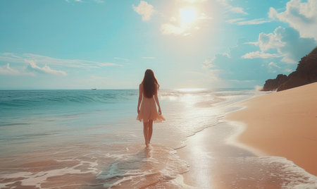 a girl in a dress walking on a beach.の素材