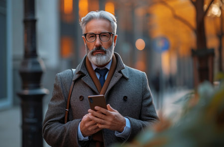 a businessman using his phone while standing outside.の素材
