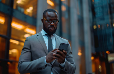 a businessman using his phone while standing outside.の素材