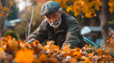 A man in the garden sweeps up fallen leaves.の素材