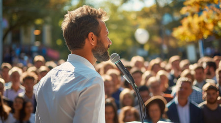 A Male Politician Delivering a Speech Outdoors to a Crowd of Political Party Members.の素材