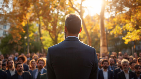 A Male Politician Delivering a Speech Outdoors to a Crowd of Political Party Members.の素材