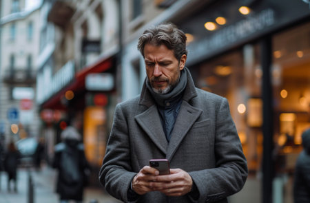 a man looking at his phone while standing in an urban area.の素材