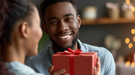 a woman presents her boyfriend with a thoughtful gift on either their anniversary or Valentine's Day.の素材