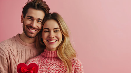 A Woman Surprises Her Boyfriend with a Valentine's Day Gift large copyspace area.の素材