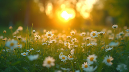beautiful blurred background with sunlit green meadow with flowers.の素材