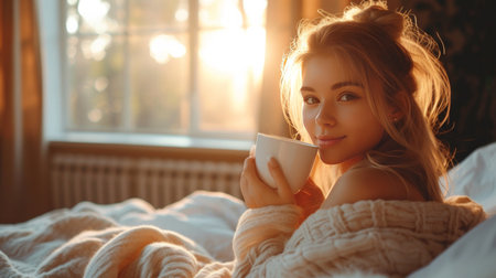beautiful girl drinks coffee in the morning in bed.の素材
