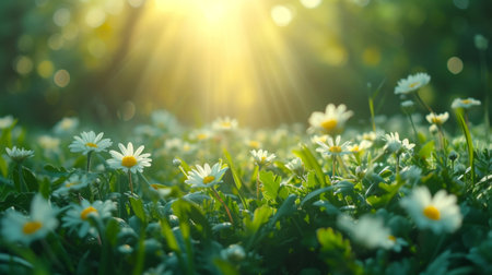 beautiful blurred background with sunlit green meadow with flowers.の素材
