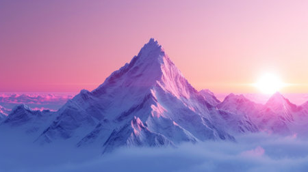 Beautiful nature background featuring a lonely mountain peak against a pink purple gradient sky.の素材