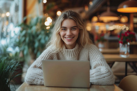 beautiful girl smiling at the laptop.の素材