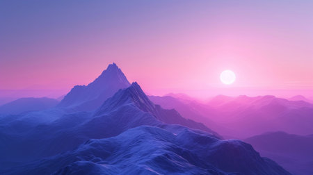 Beautiful nature background featuring a lonely mountain peak against a pink purple gradient sky.の素材